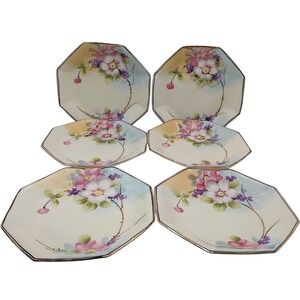 Antique Nippon Octagon Side Plates Japanese Hand Painted Floral Decor Set of Six